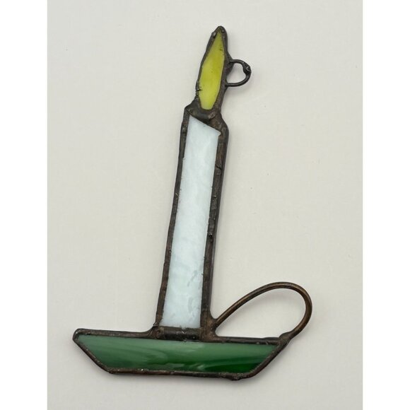 Vintage Candle Christmas Tree Ornament Faux Stained Glass Chamberstick - Picture 2 of 6